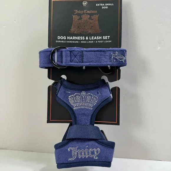 Juicy Couture Bling Velour Pet Harness and Leash Set - Blue - Extra Small - Picture 1 of 5
